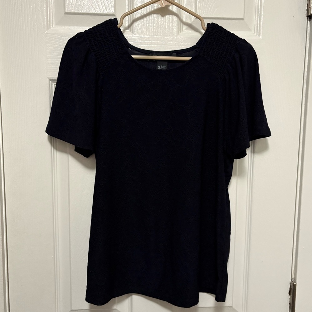 *Joan Voss Women's Navy Eyelet Boho Short Flutter Sleeve Blouse Top #IR